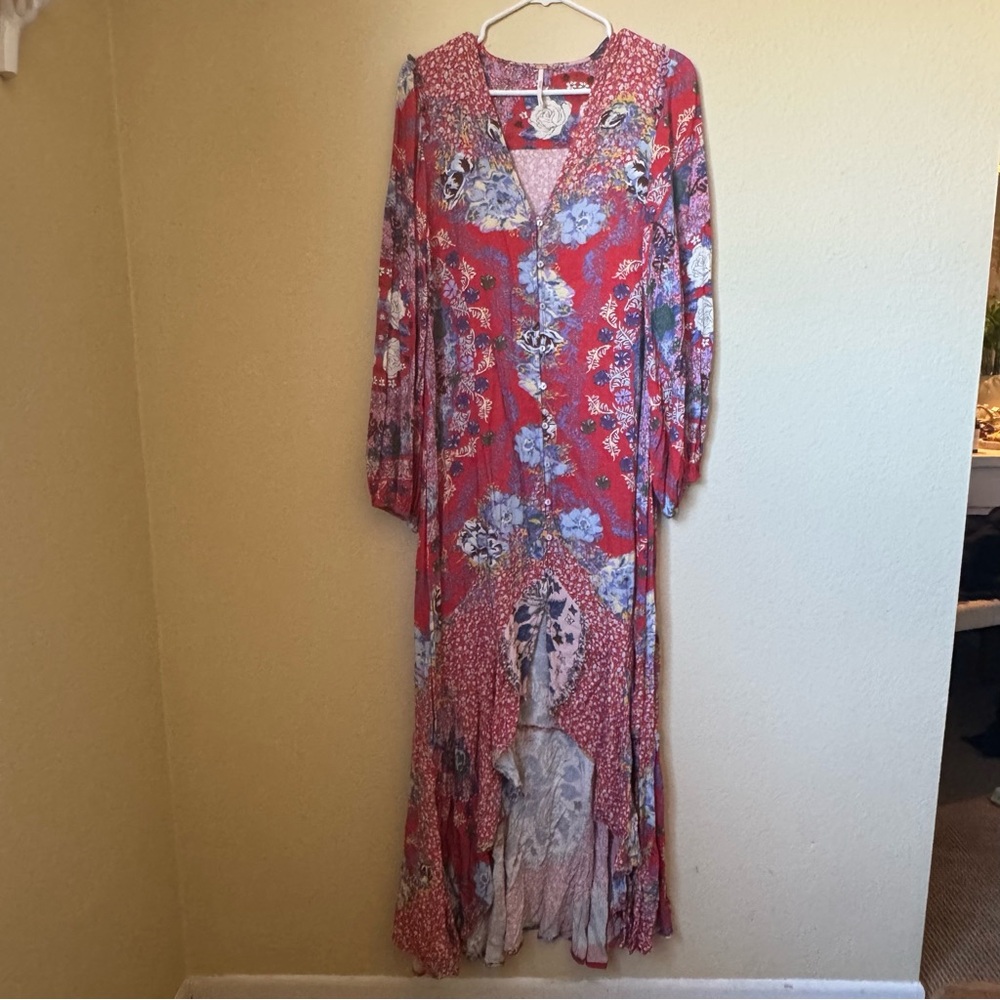 Free People Pink and Blue Ruffled Wrap Sundress
